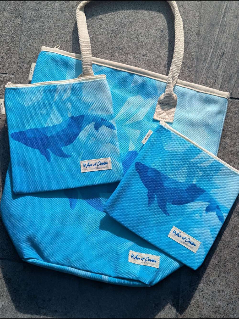 Wave of Canvas Blue Whale Tote with Matching Pouches